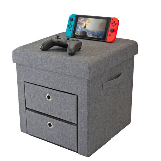 Simplify Gray 2 Drawer Collapsible Storage Ottoman